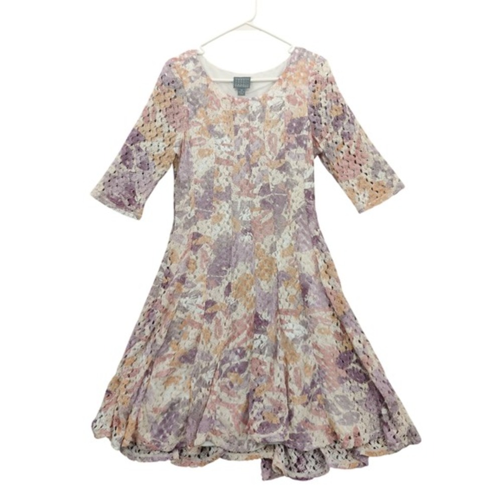 Rabbit Women Garden Cottage Romantic Whimsy Modest Crochet Flare Dress 14 Floral